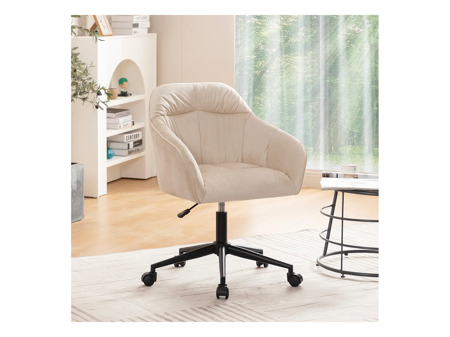 Fauteuil pivotante en velours avec dossier, accoudoirs et roulettes - pièds réglable en hauteur - beige