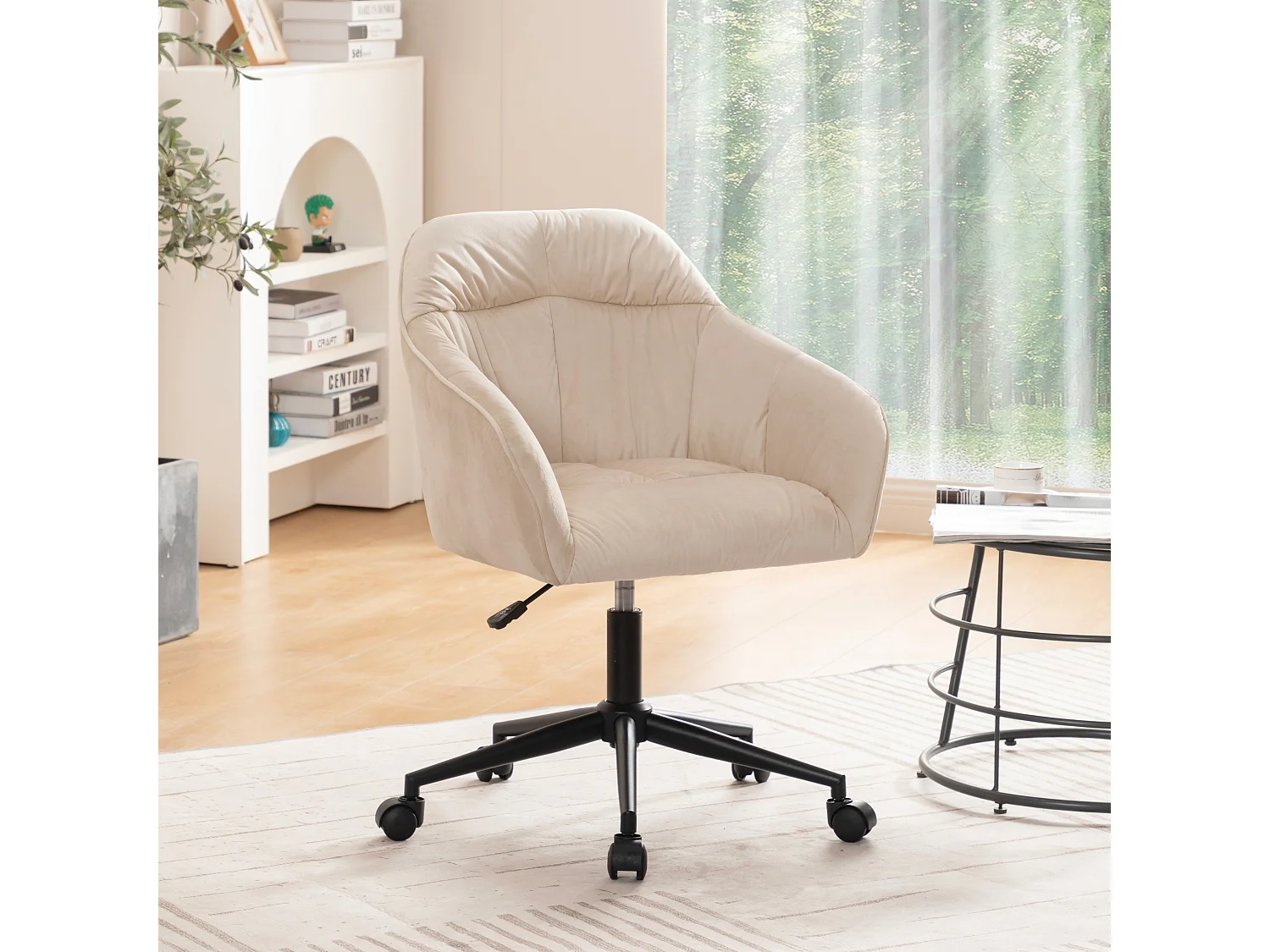 Fauteuil pivotante en velours avec dossier, accoudoirs et roulettes - pièds réglable en hauteur - beige