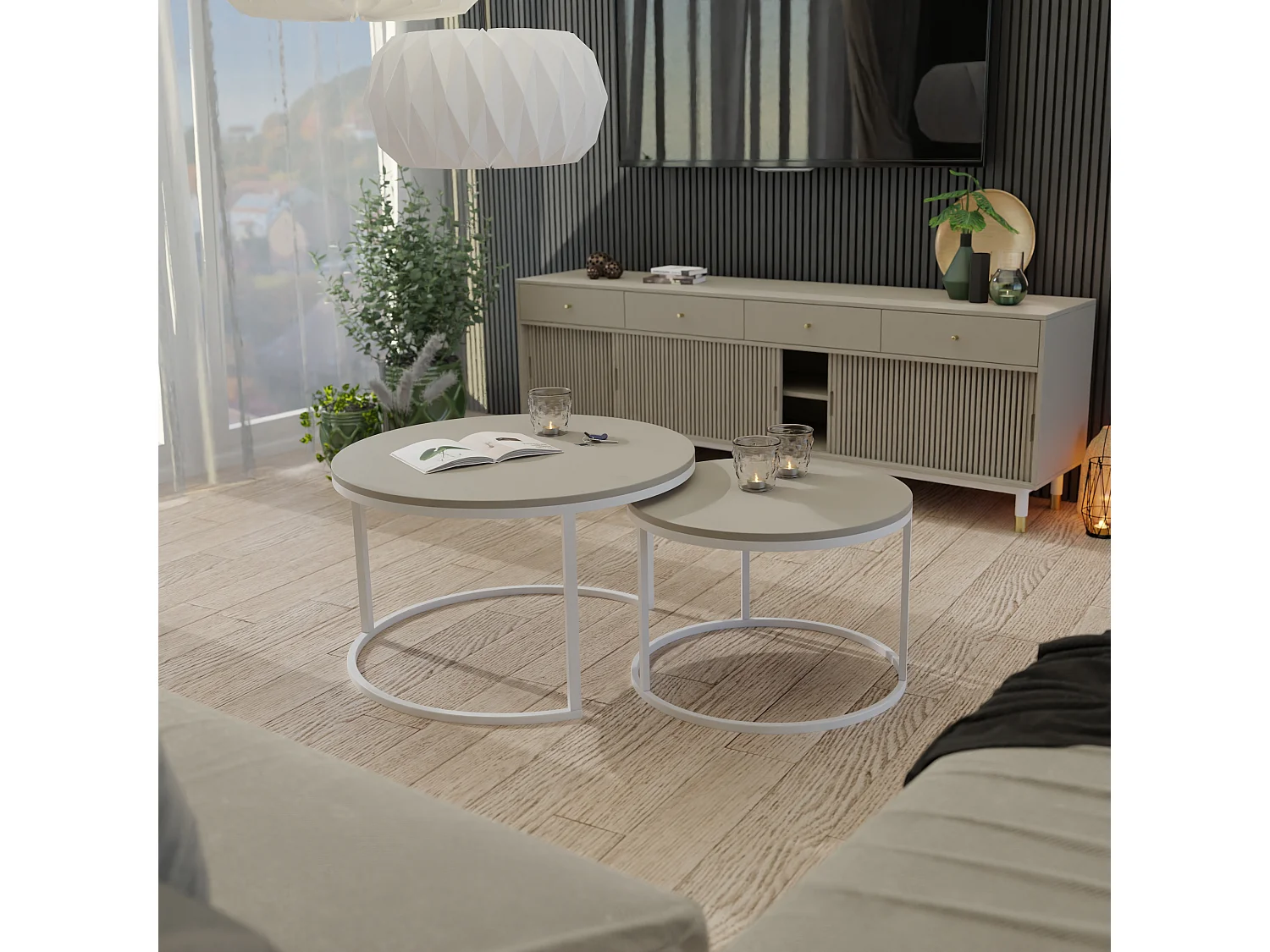 Table ronde 2 en 1 fi80/fi60 cachemire , armature en blanc