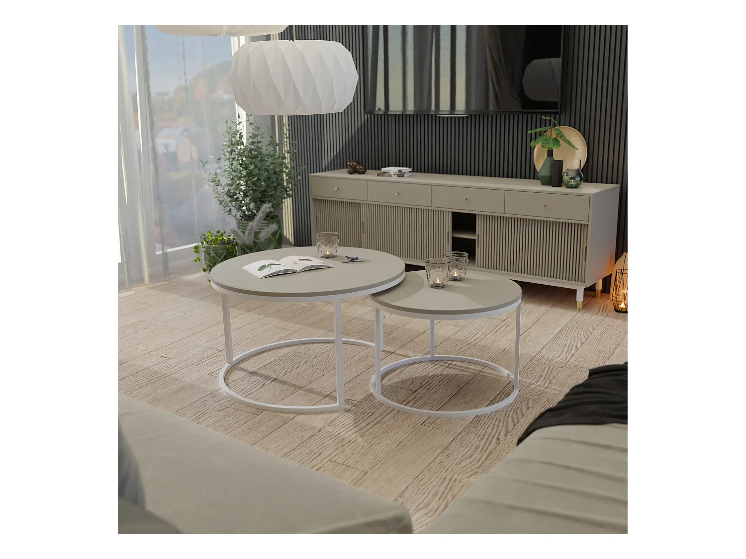Table ronde 2 en 1 fi80/fi60 cachemire , armature en blanc