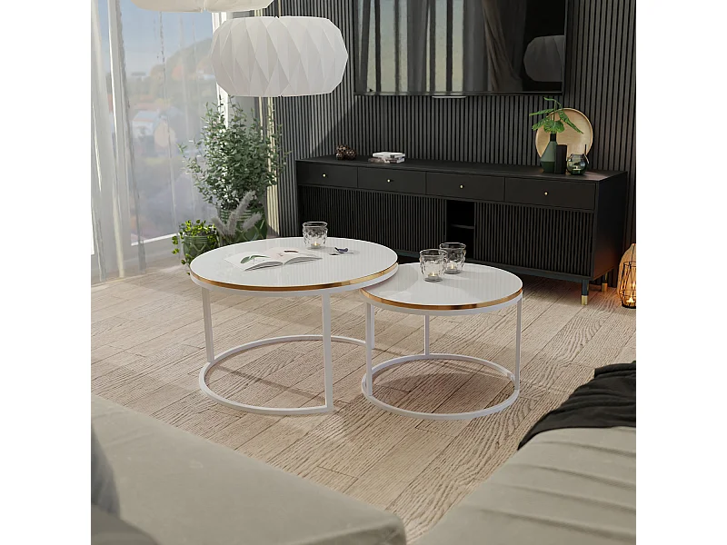 Table ronde 2 en 1 fi80/fi60 Blanc brillant, armature en blanc, doré