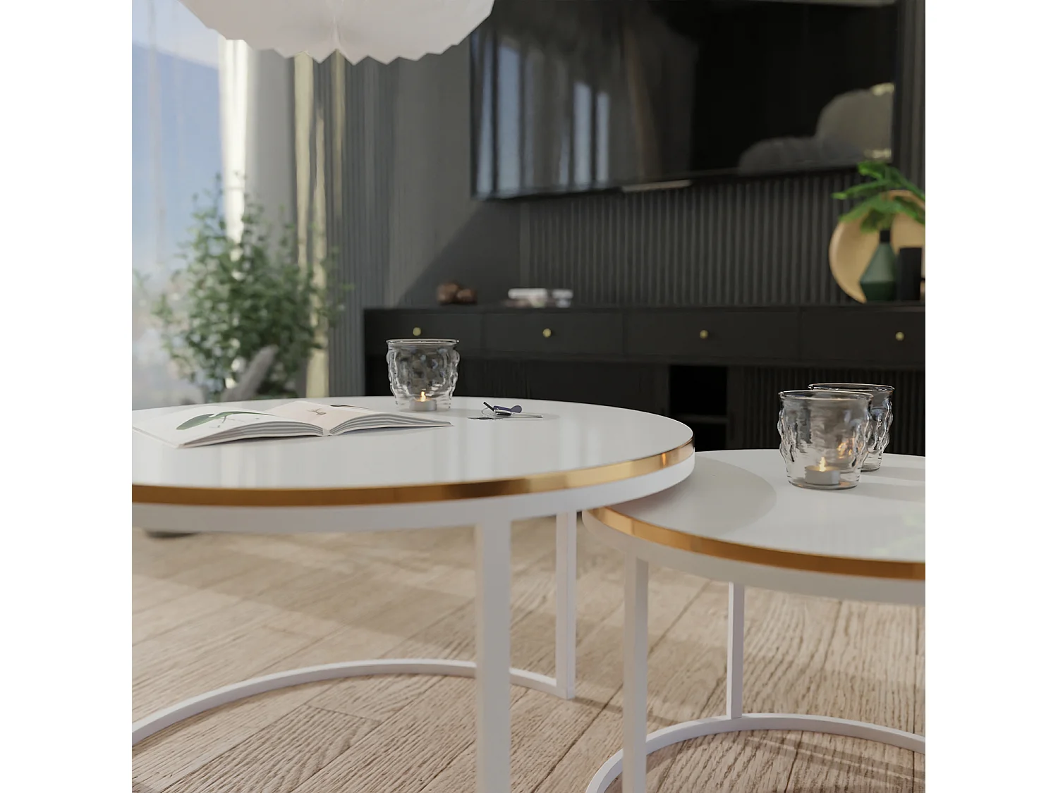 Ronde tafel 2 in 1 fi80/fi60 Glanzend wit, frame in wit, goudkleurig