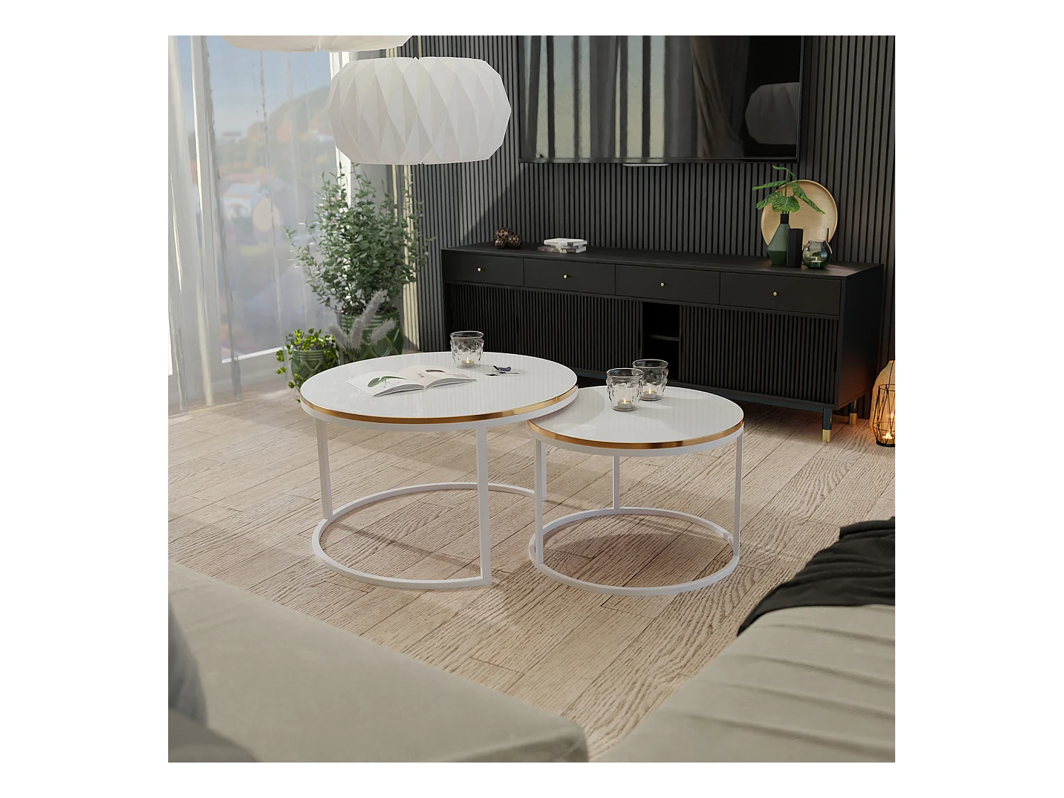 Ronde tafel 2 in 1 fi80/fi60 Glanzend wit, frame in wit, goudkleurig