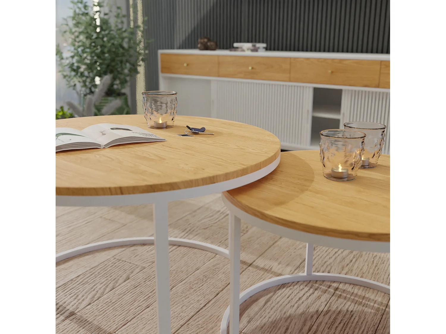 Table ronde 2 en 1 fi80/fi60 Chêne Wotan, armature en blanc