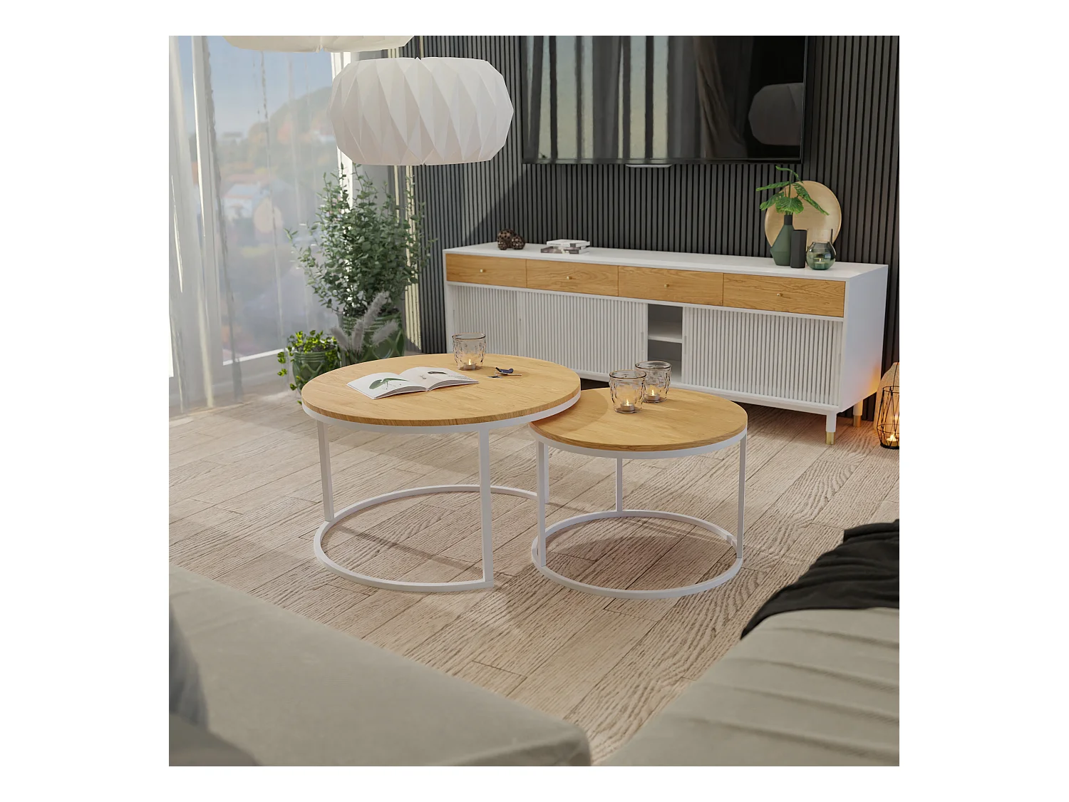 Table ronde 2 en 1 fi80/fi60 Chêne Wotan, armature en blanc