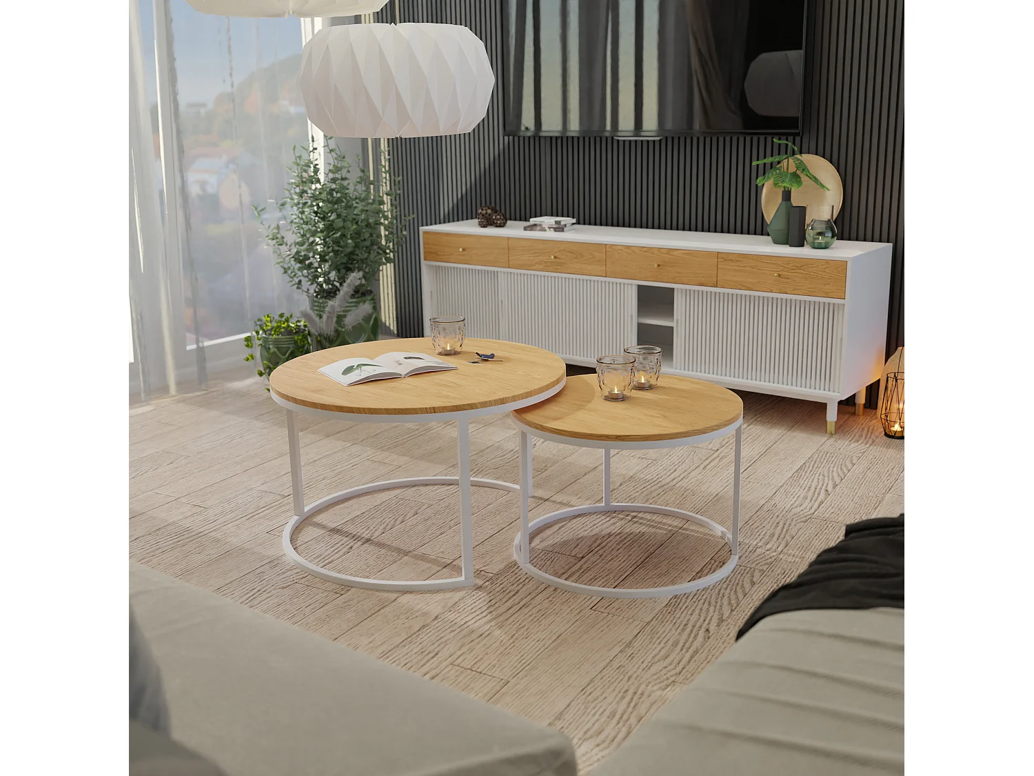 Ronde tafel 2 in 1 fi80/fi60 Eiken Wotan, frame in wit