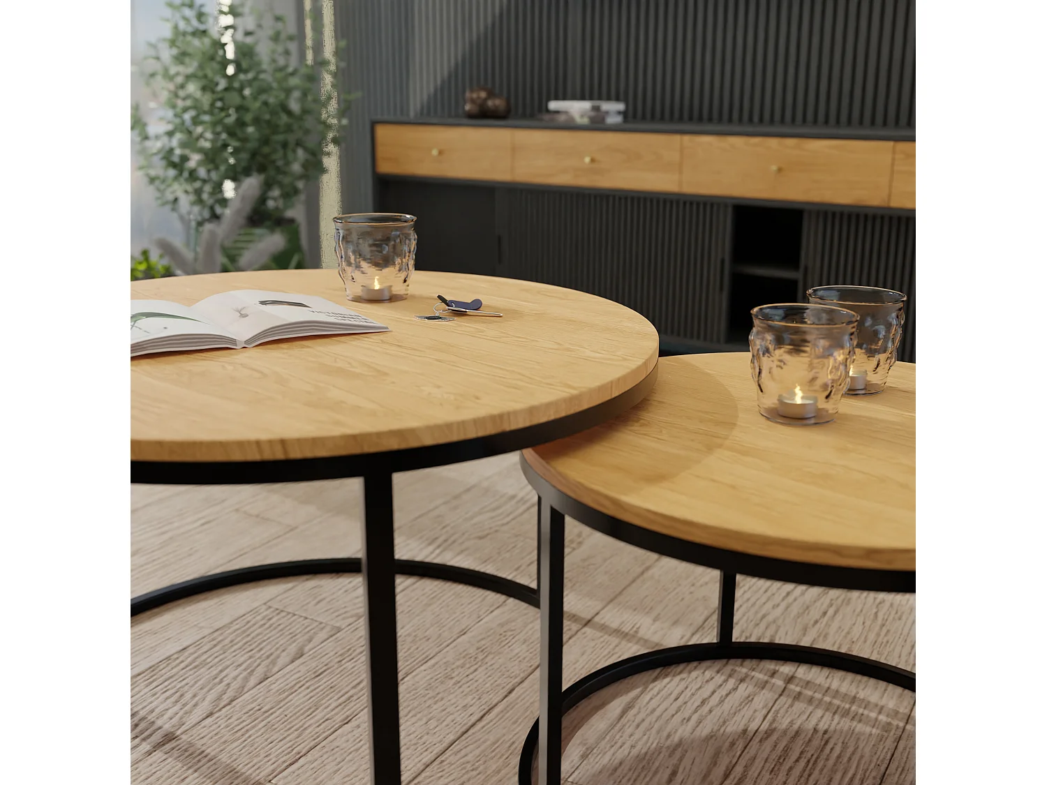 Table ronde 2 en 1 fi80/fi60 Chêne Wotan, armature en noir