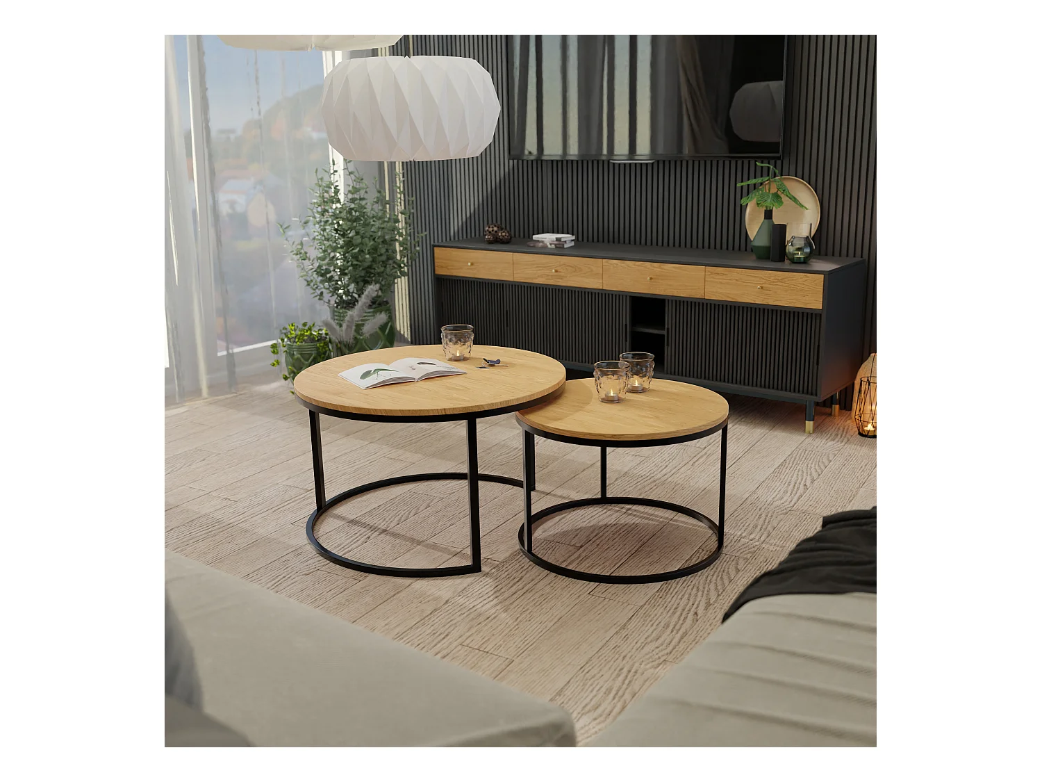 Table ronde 2 en 1 fi80/fi60 Chêne Wotan, armature en noir
