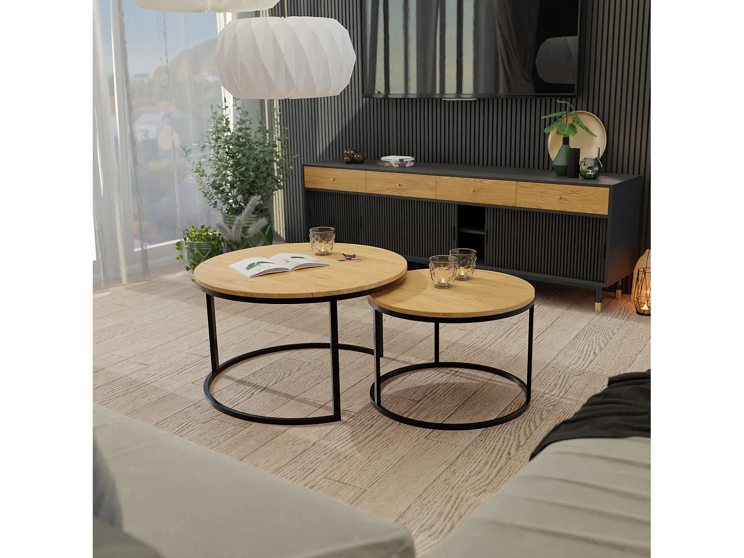 Ronde tafel 2 in 1 fi80/fi60 Eiken Wotan, frame in zwart.