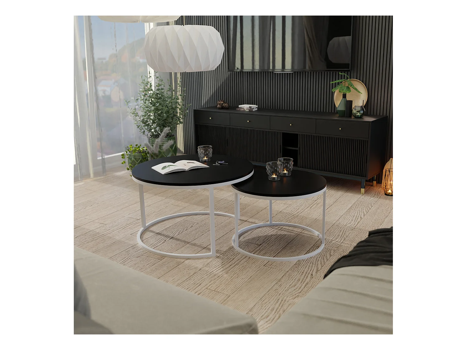 Table ronde 2 en 1 fi80/fi60 Noir mat, armature en blanc