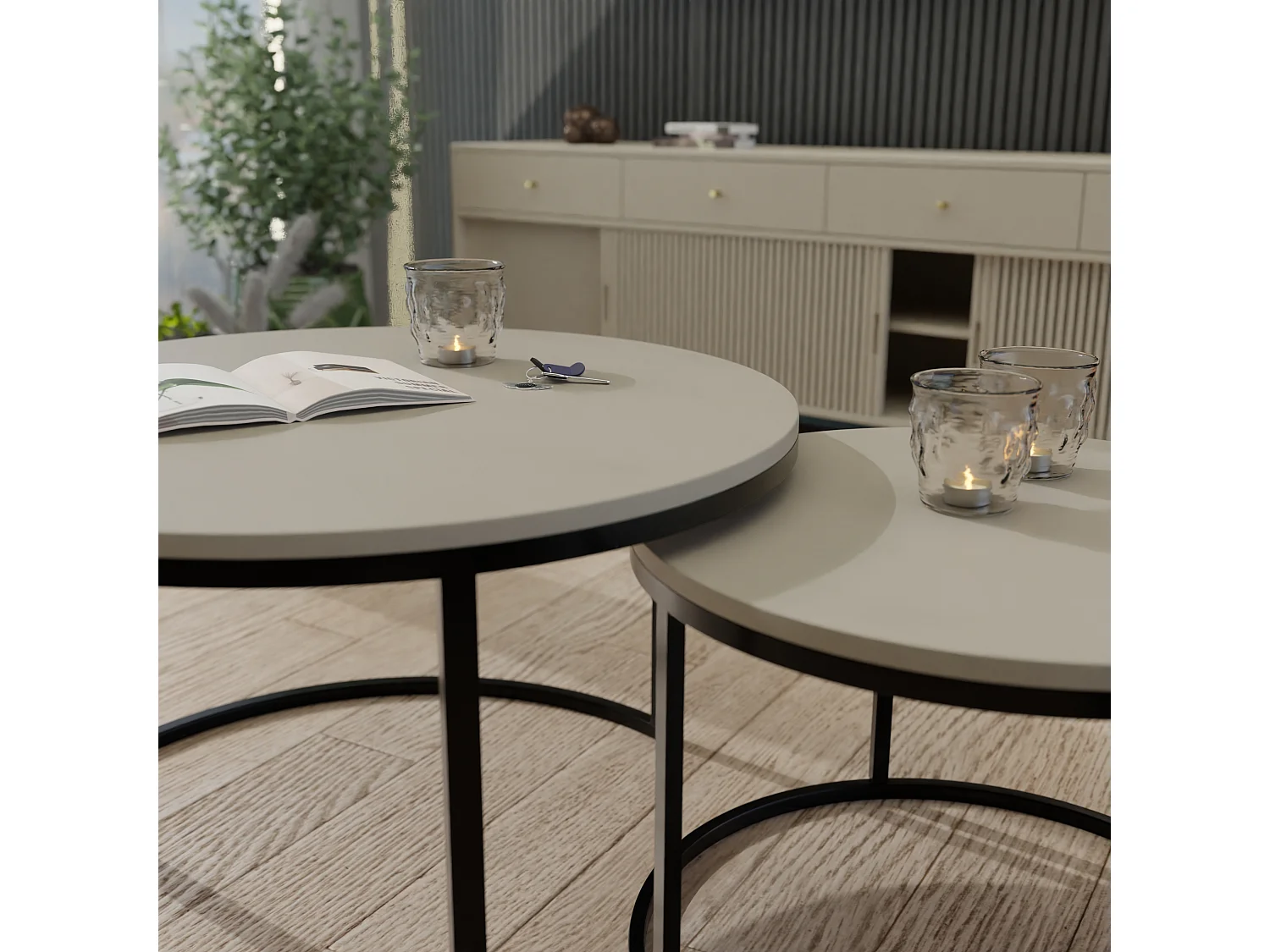 Ronde tafel 2 in 1 fi80/fi60 kasjmier, frame in zwart.