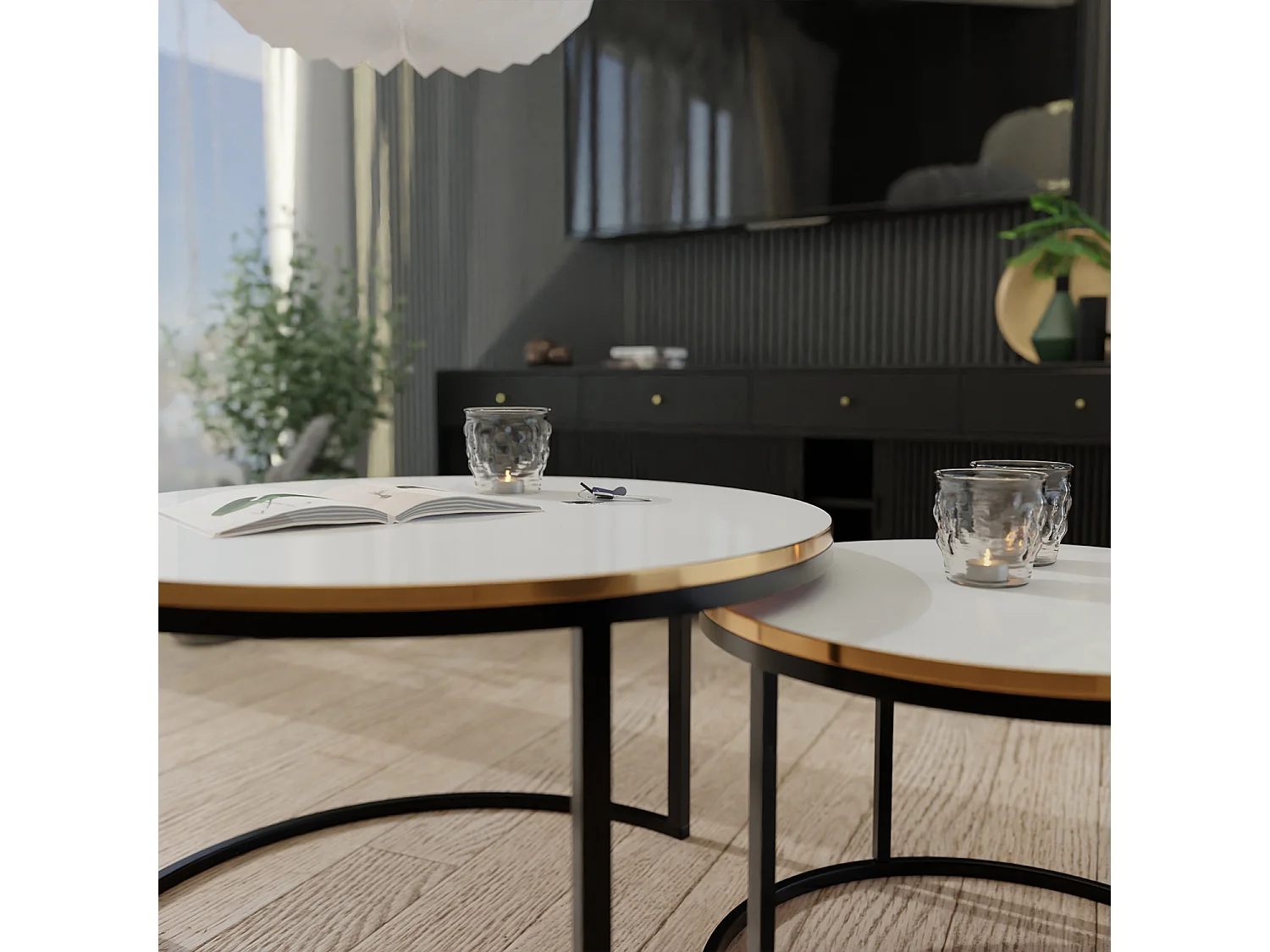 Ronde tafel 2 in 1 fi80/fi60 Glanzend wit, frame in zwart, goudkleurig.