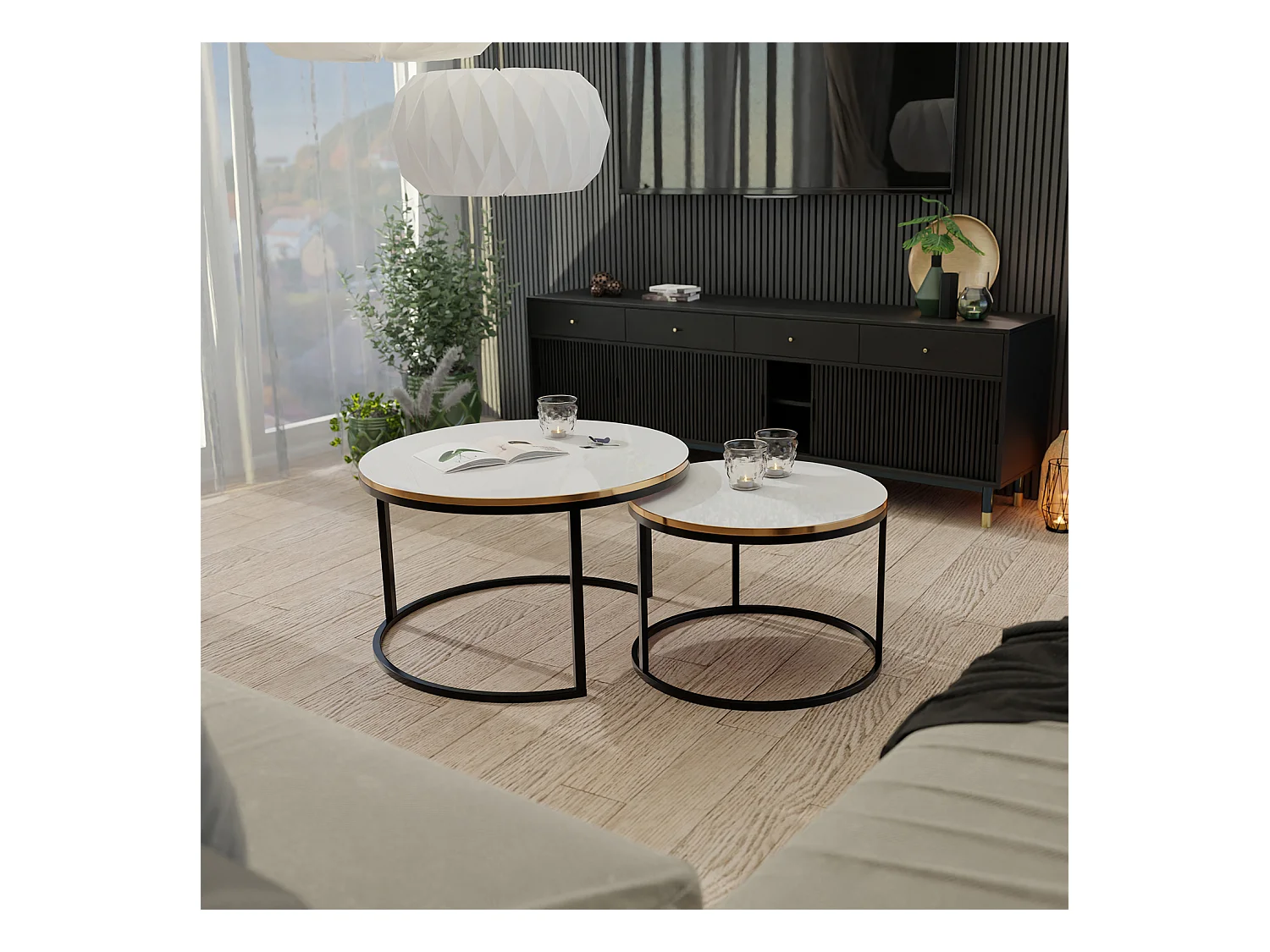 Table ronde 2 en 1 fi80/fi60 Blanc brillant, armature en noir, doré