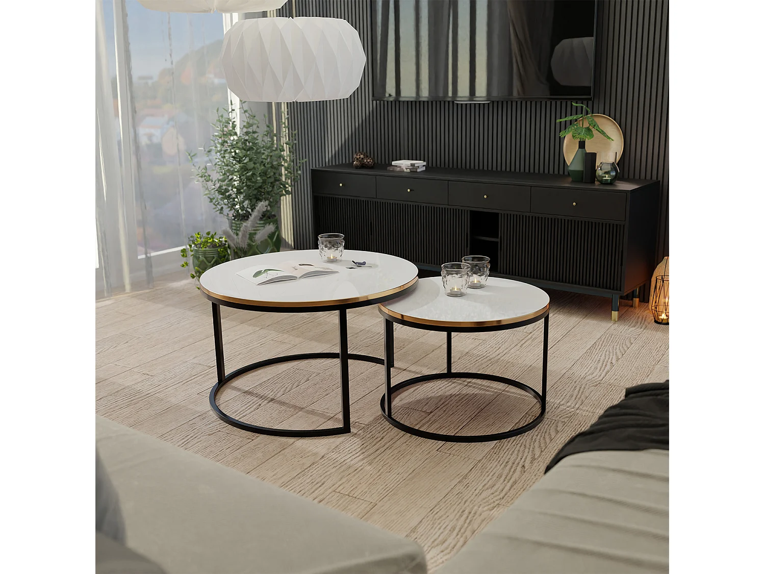 Table ronde 2 en 1 fi80/fi60 Blanc brillant, armature en noir, doré