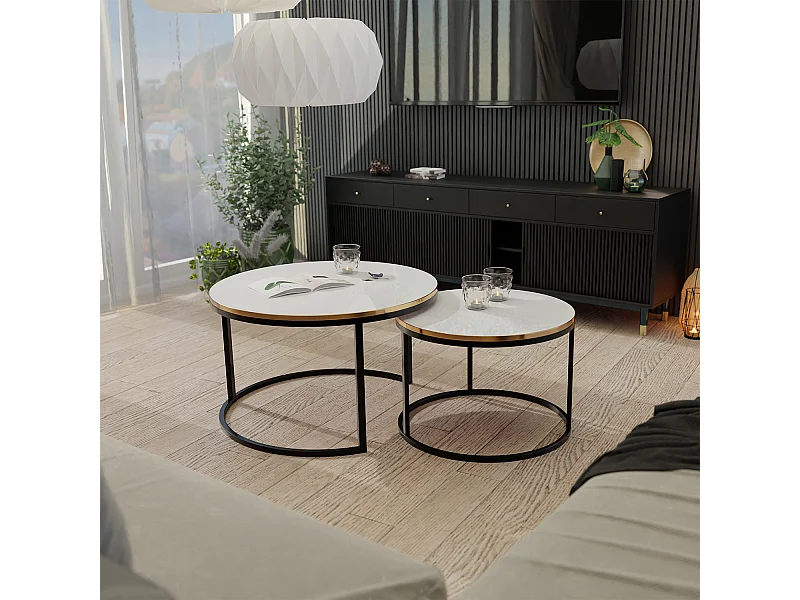 Table ronde 2 en 1 fi80/fi60 Blanc brillant, armature en noir, doré