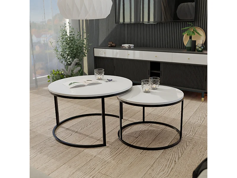 Table ronde 2 en 1 fi80/fi60 Blanc brillant, armature en noir
