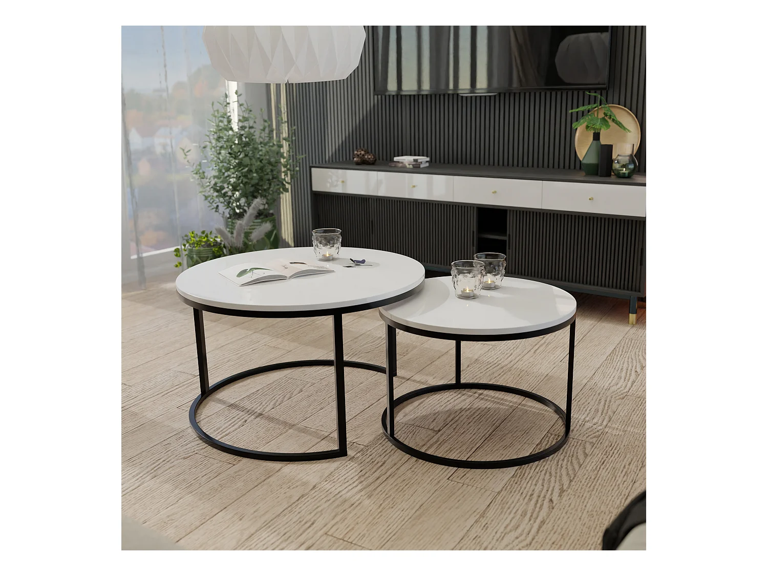 Table ronde 2 en 1 fi80/fi60 Blanc brillant, armature en noir
