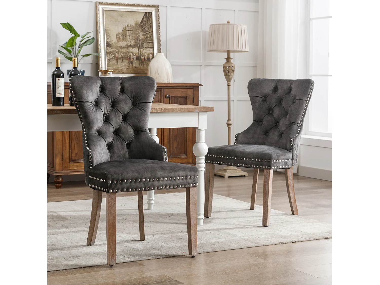 Lot de 2 Chaises de salle à manger - Siège en velours - Pièds en bois massif - Désign luxe - Gris