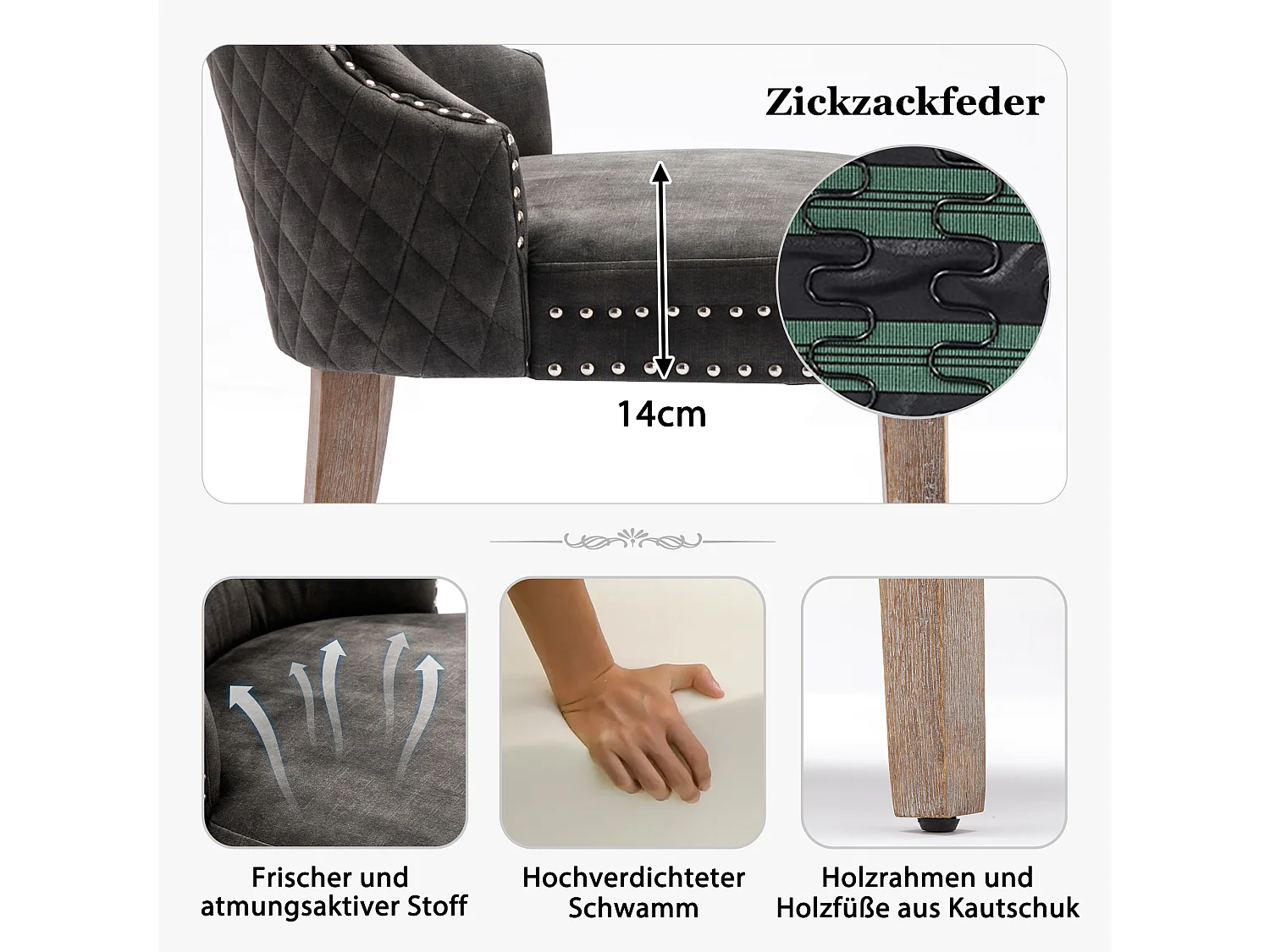 Lot de 2 Chaises de salle à manger - Siège en velours - Pièds en bois massif - Désign luxe - Gris