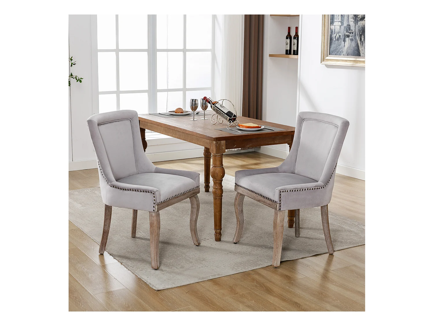 Lot de 2 chaises de salle à manger luxueuses - Velours et bois massif - Décoration de rivets - Gris
