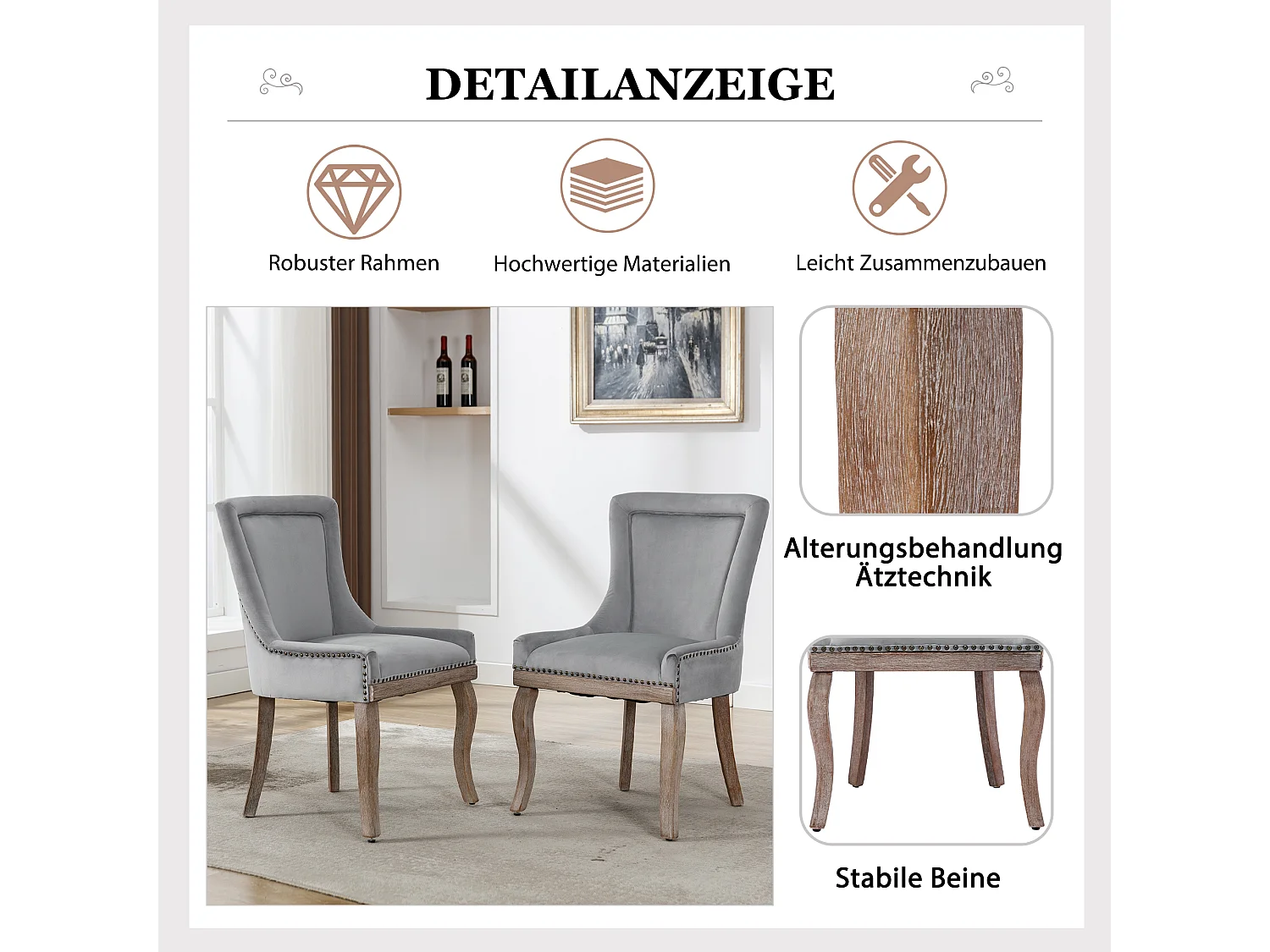 Lot de 2 chaises de salle à manger luxueuses - Velours et bois massif - Décoration de rivets - Gris