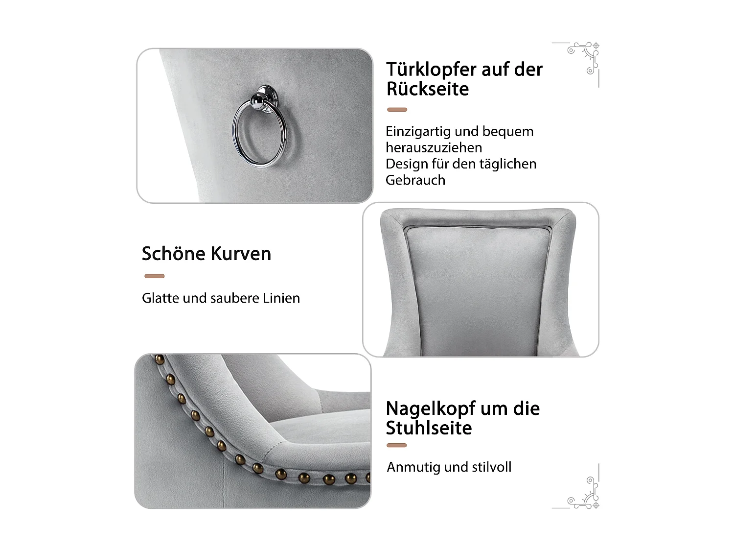 Lot de 2 chaises de salle à manger luxueuses - Velours et bois massif - Décoration de rivets - Gris