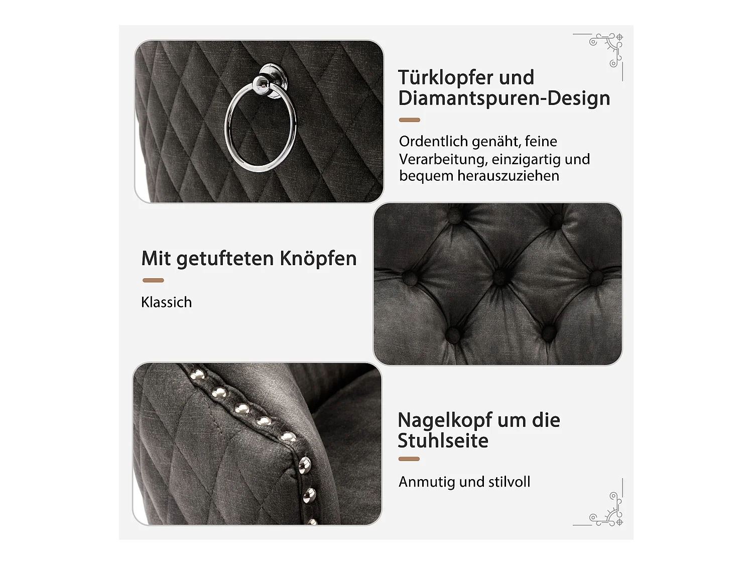 Set mit 6 Esszimmerstühlen – Samtsitz – Beine aus Massivholz – Luxuriöses Design – Grau