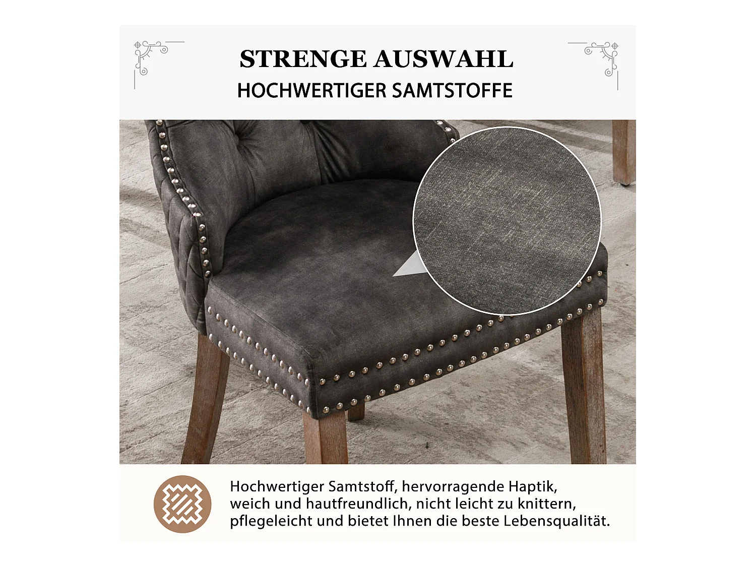 Set mit 6 Esszimmerstühlen – Samtsitz – Beine aus Massivholz – Luxuriöses Design – Grau