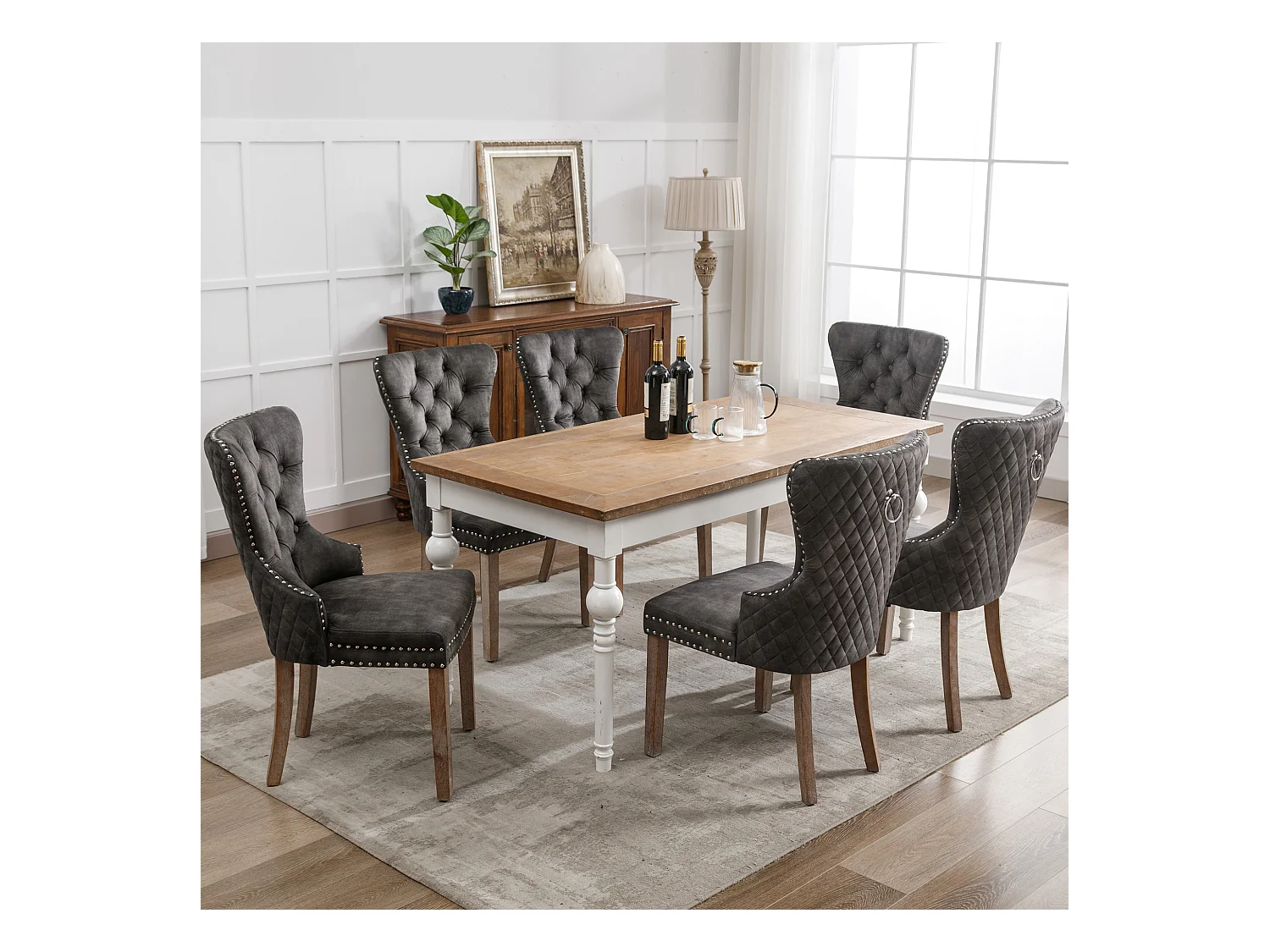 Lot de 6 Chaises de salle à manger - Siège en velours - Pièds en bois massif - Désign luxe - Gris