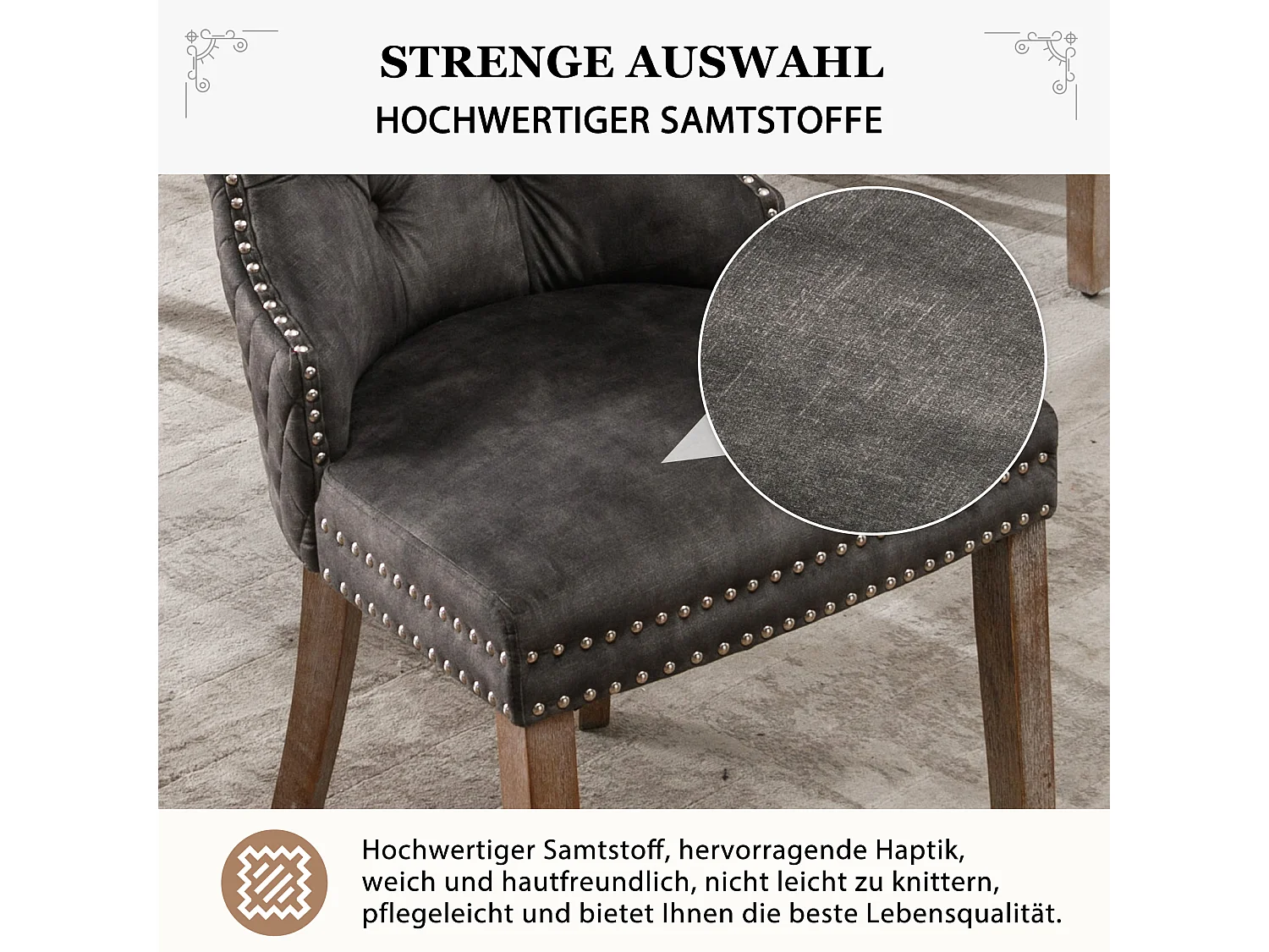 Set van 6 Eetkamerstoelen - Fluwelen zitting - Massief houten poten - Luxe design - Grijs