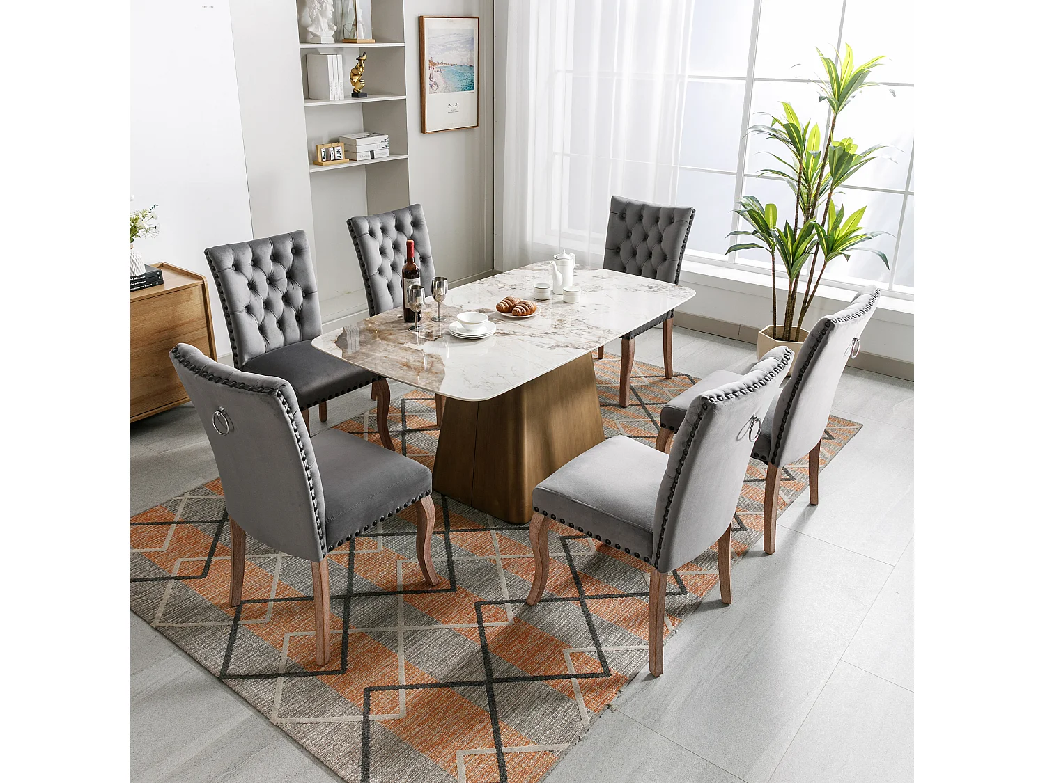 Juego de 6 Sillas de comedor tapizadas en terciopelo - Patas de nogal macizo - Decoración botones - Gris