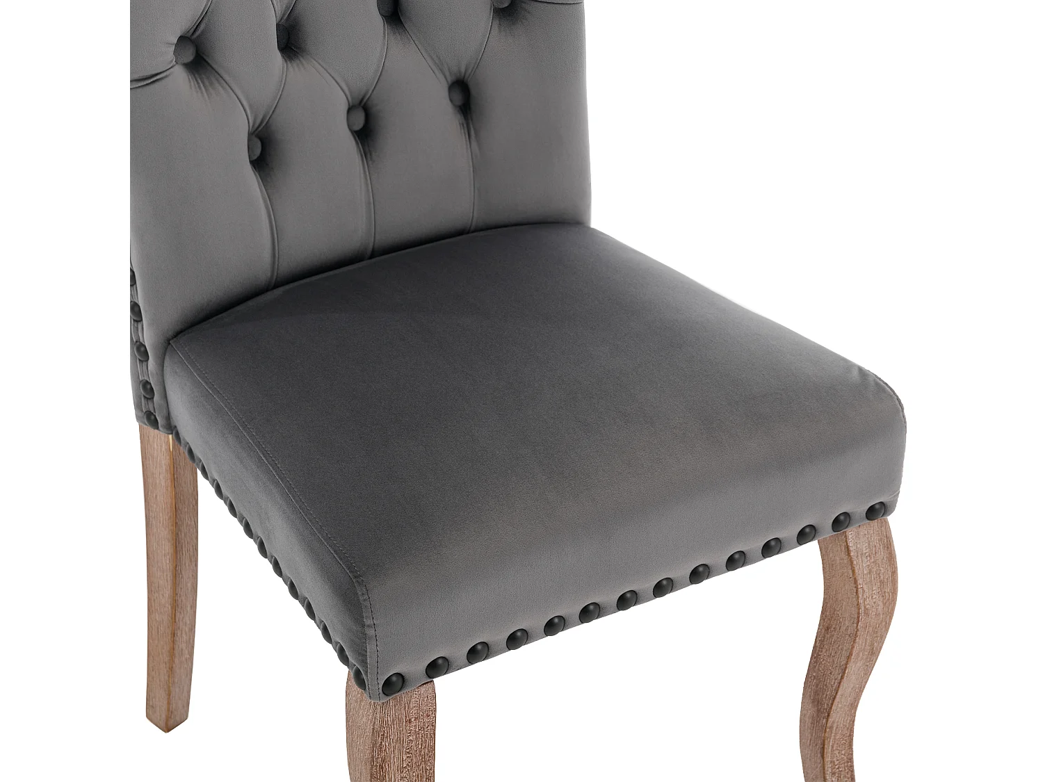 Juego de 6 Sillas de comedor tapizadas en terciopelo - Patas de nogal macizo - Decoración botones - Gris