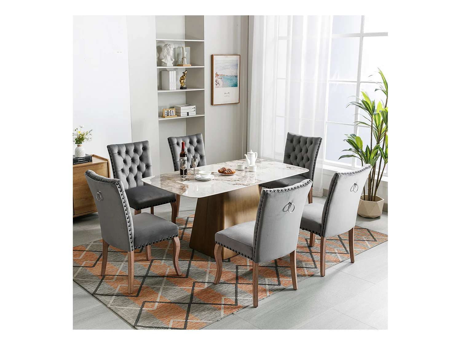 Set mit 6 Esszimmerstühlen mit Samtbezug – Beine aus massivem Walnussholz – Knopfdekoration – Grau