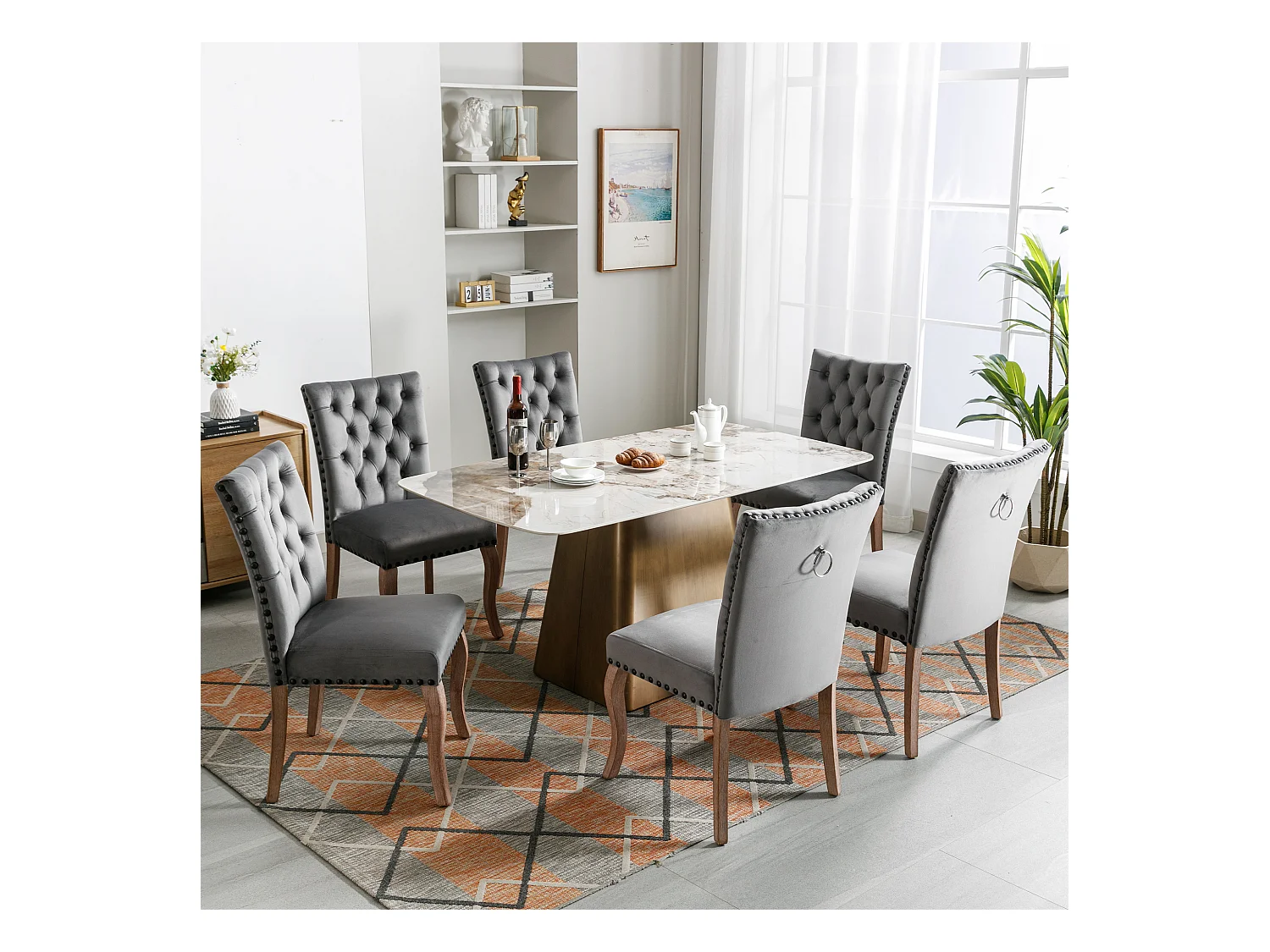 Set mit 6 Esszimmerstühlen mit Samtbezug – Beine aus massivem Walnussholz – Knopfdekoration – Grau