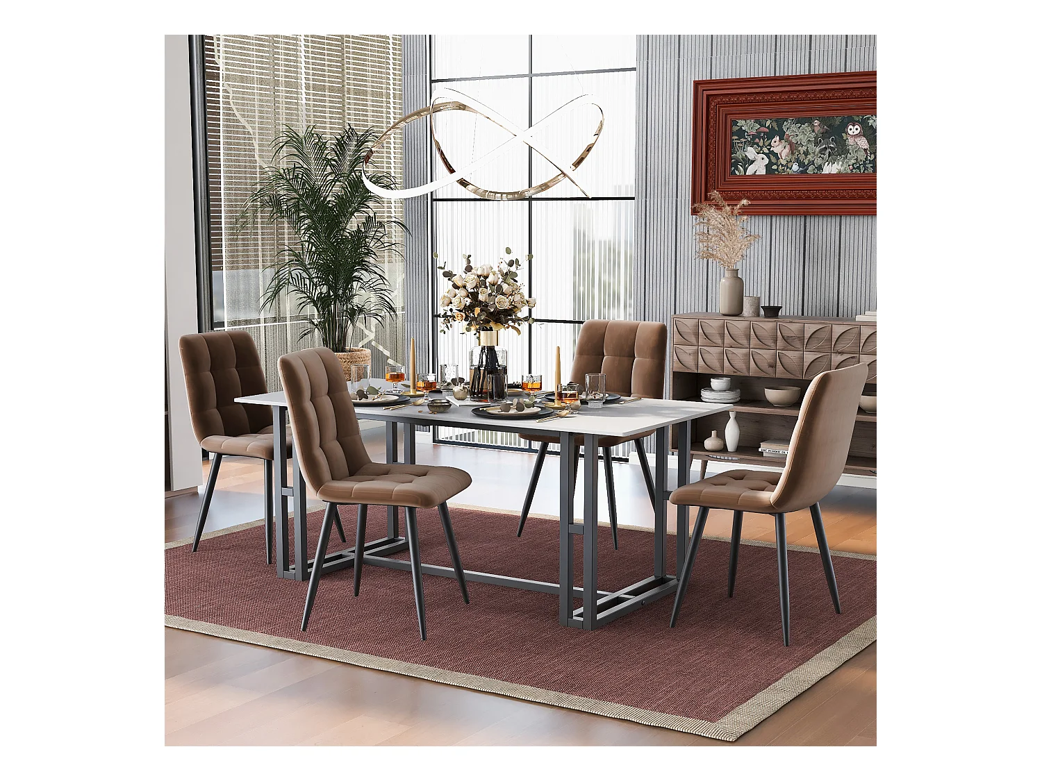 Lot de 4 Chaises de salle à manger avec dossier - Assise en velours - Pièds en métal - Marron