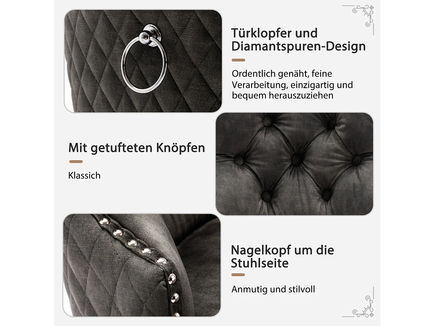 Set van 4 Eetkamerstoelen - Fluwelen zitting - Massief houten poten - Luxe design - Grijs