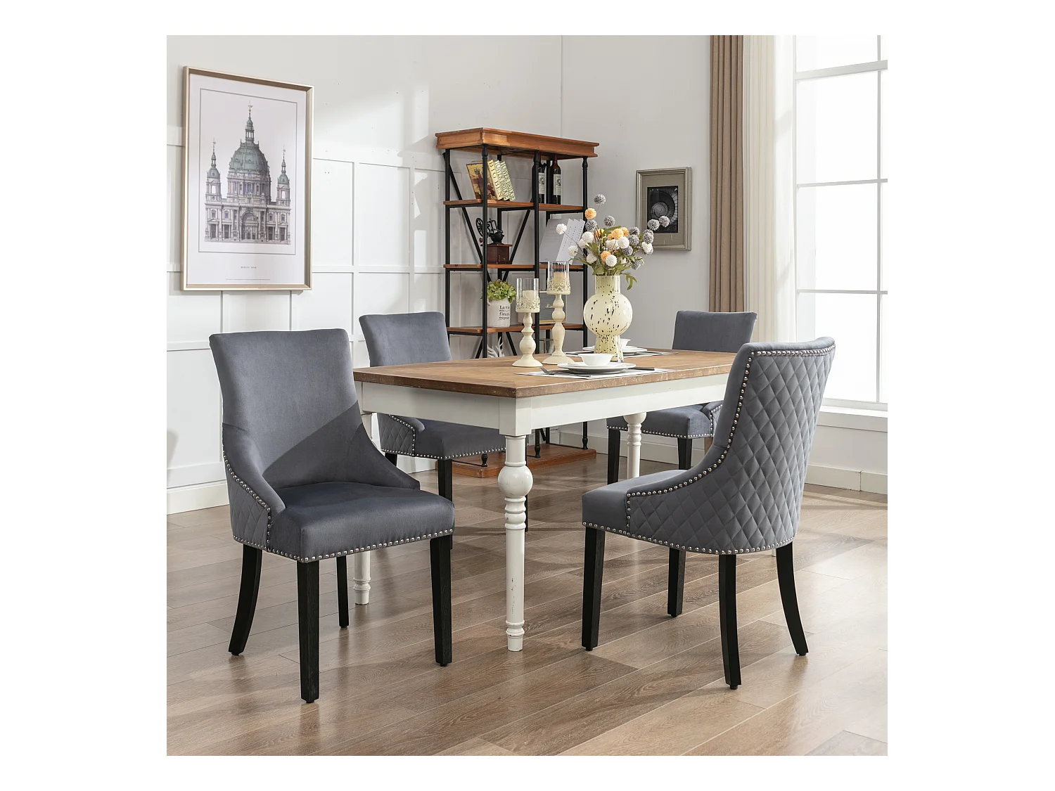 Lot de 4 Chaises de salle à manger - Velours - Pièds en nois massif - Dossier avec motif losange - Gris
