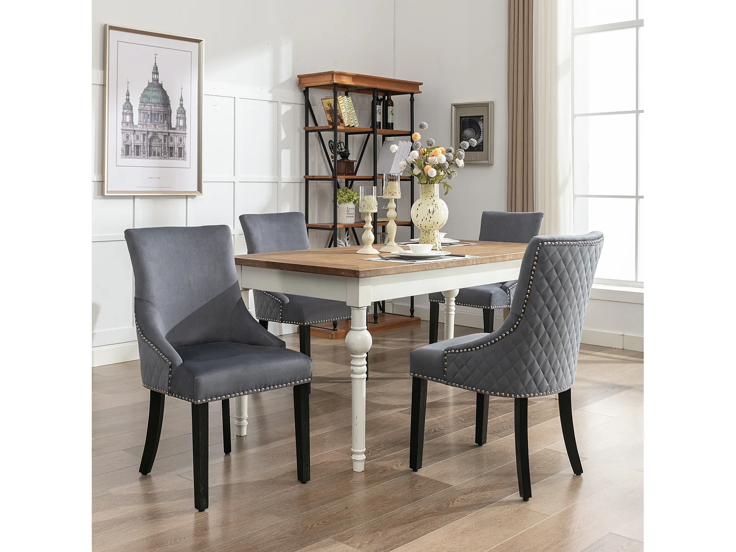 Lot de 4 Chaises de salle à manger - Velours - Pièds en nois massif - Dossier avec motif losange - Gris