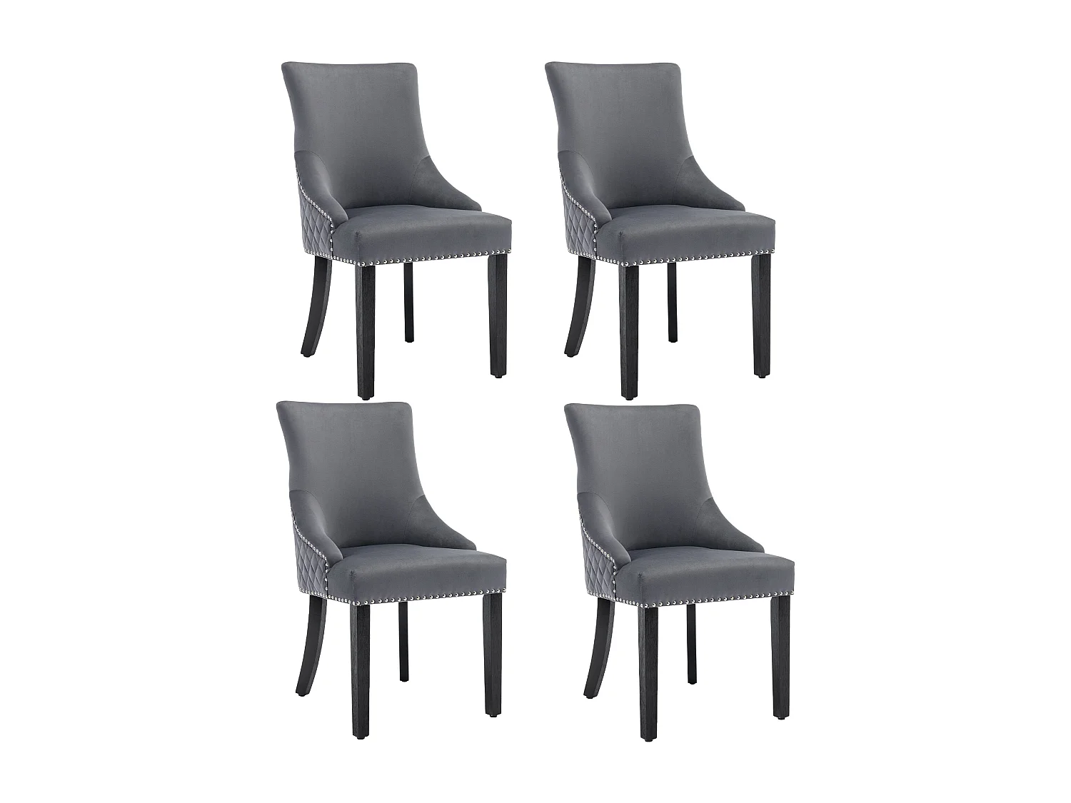 Lot de 4 Chaises de salle à manger - Velours - Pièds en nois massif - Dossier avec motif losange - Gris