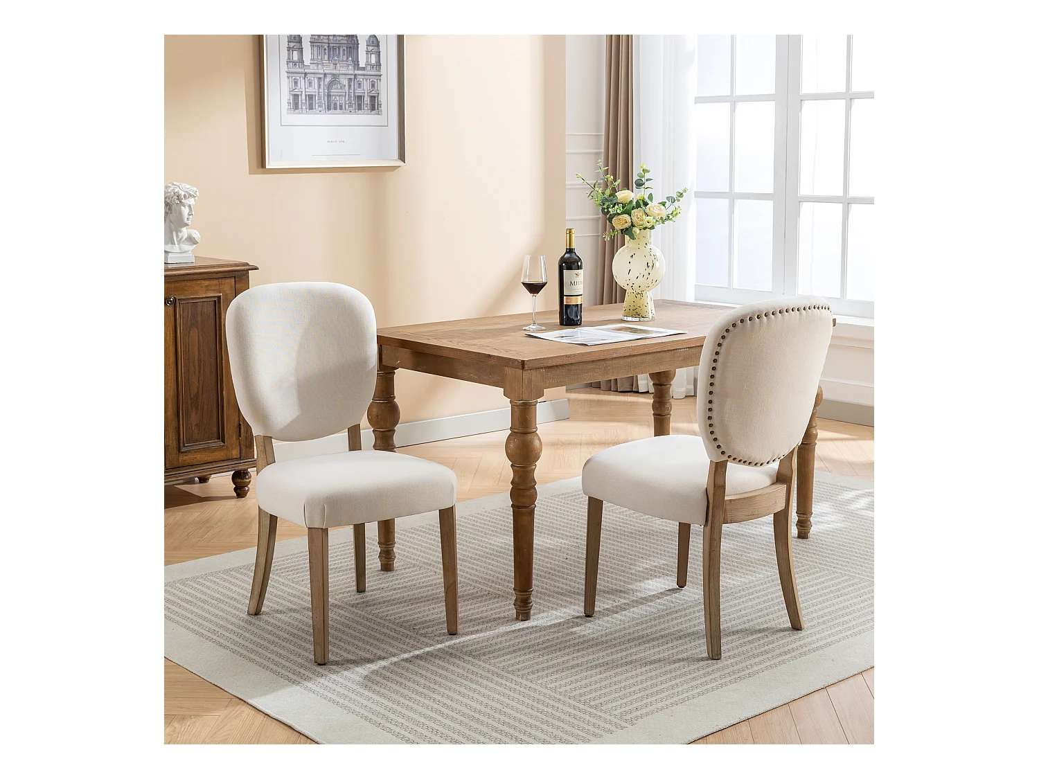 Lot de 2 Chaises de salle à manger - Tissu en lin - avec dossier de chaise décoré de clous en cuivre - Pièds en nois massif - Crème