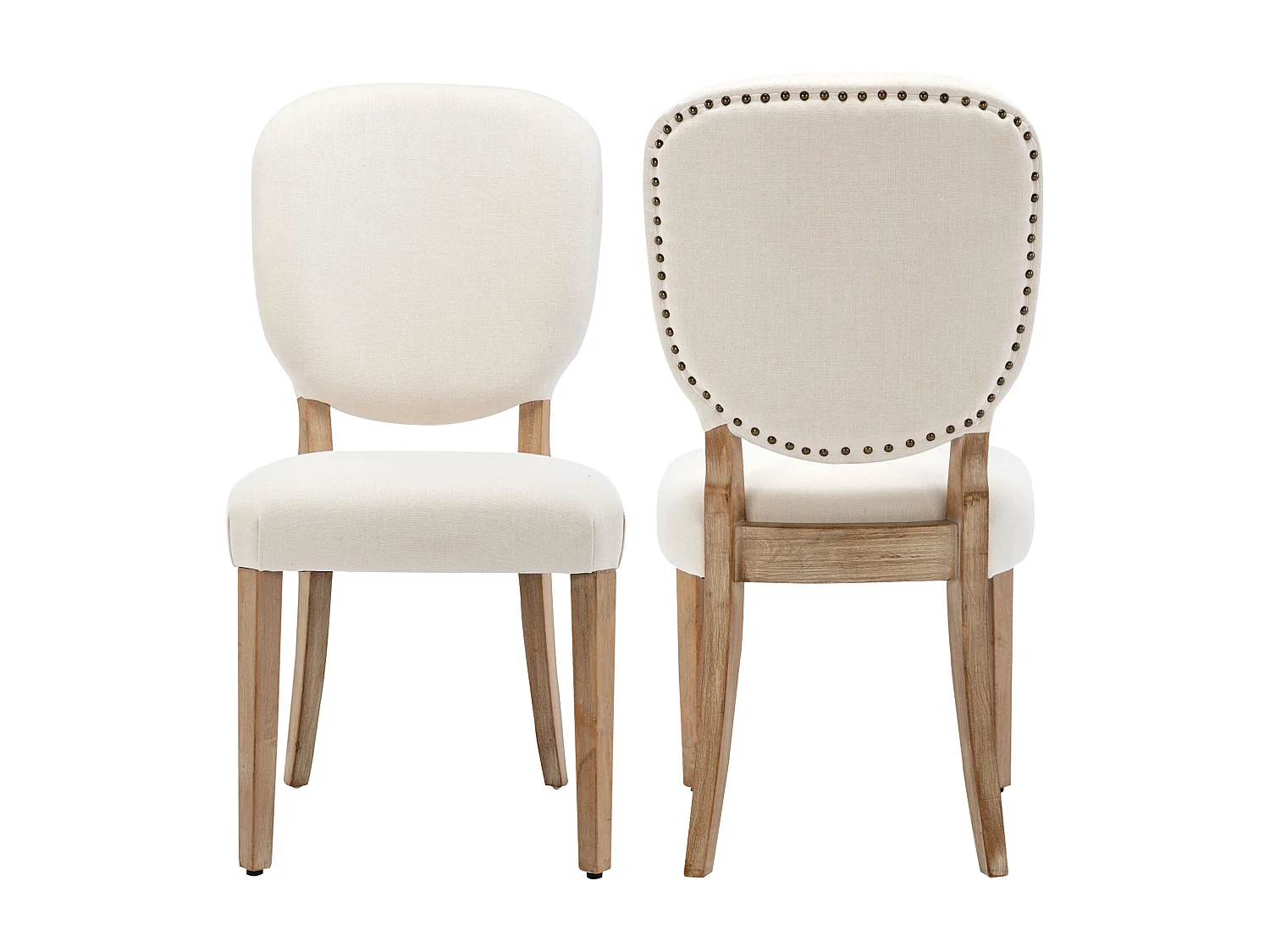 Juego de 2 sillas de comedor - Tela de lino - Con respaldo decorado con tachuelas de cobre - Patas de nogal macizo - Crema