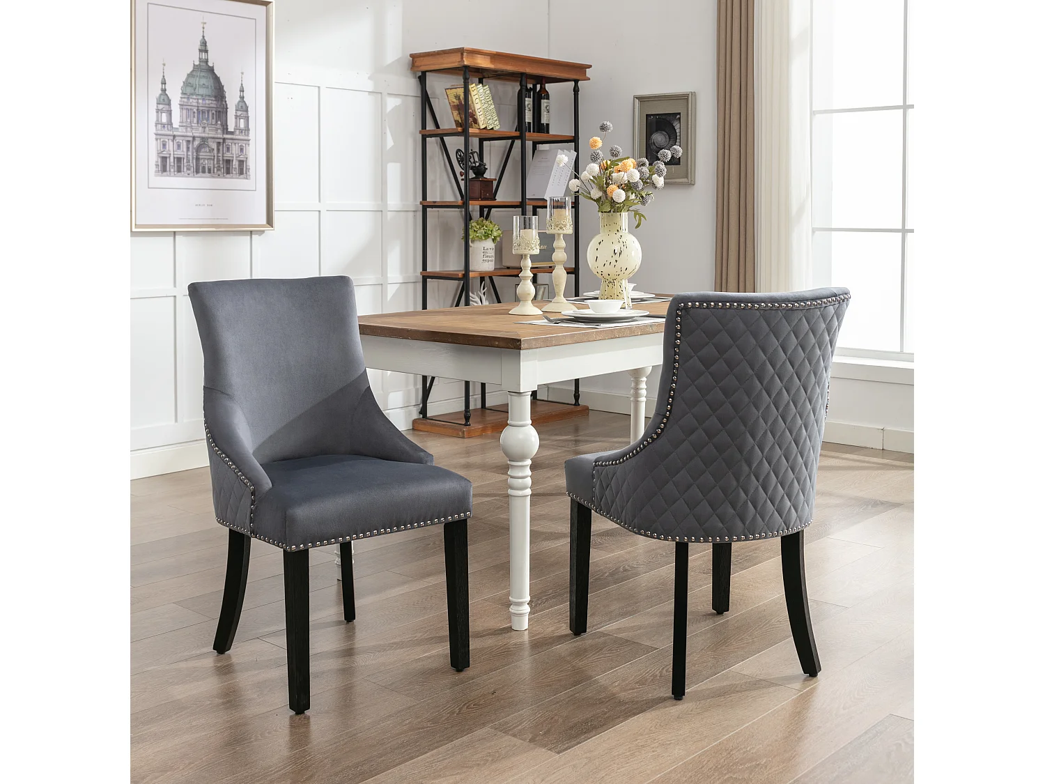 Set van 2 Eetkamerstoelen - Fluweel - Massief walnoot poten - Rugleuning met ruitpatroon - Grijs