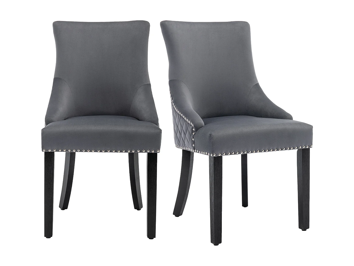 Set van 2 Eetkamerstoelen - Fluweel - Massief walnoot poten - Rugleuning met ruitpatroon - Grijs