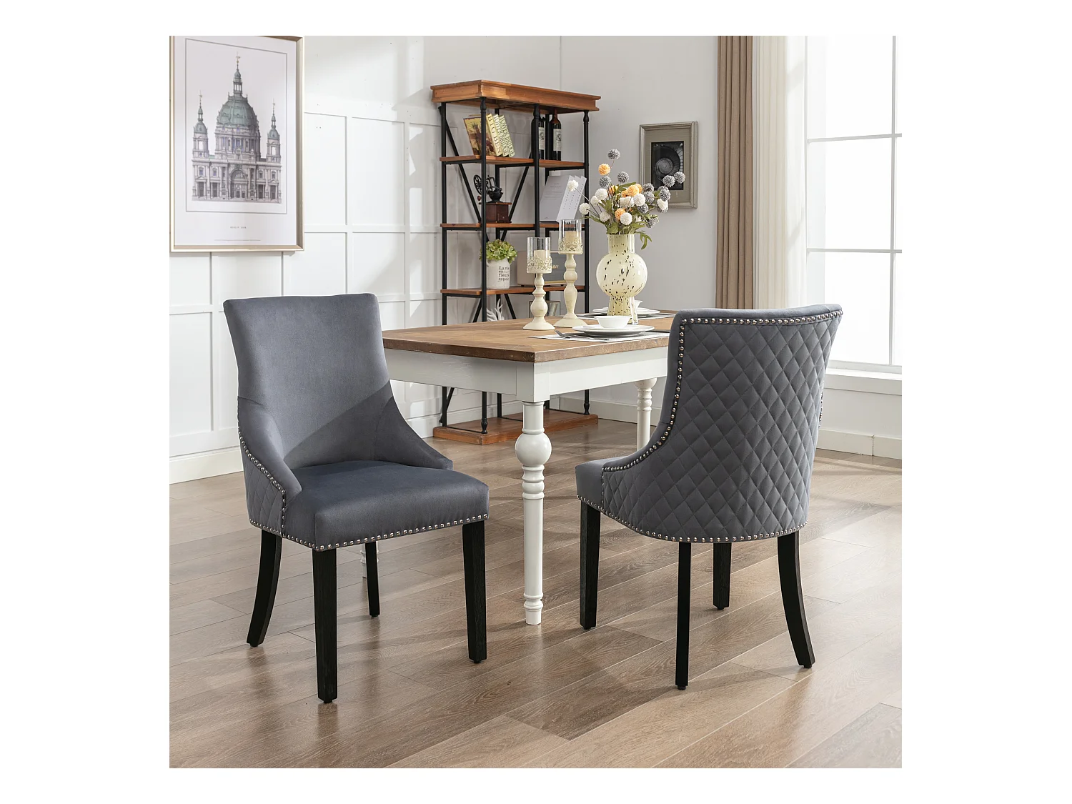 Set van 2 Eetkamerstoelen - Fluweel - Massief walnoot poten - Rugleuning met ruitpatroon - Grijs
