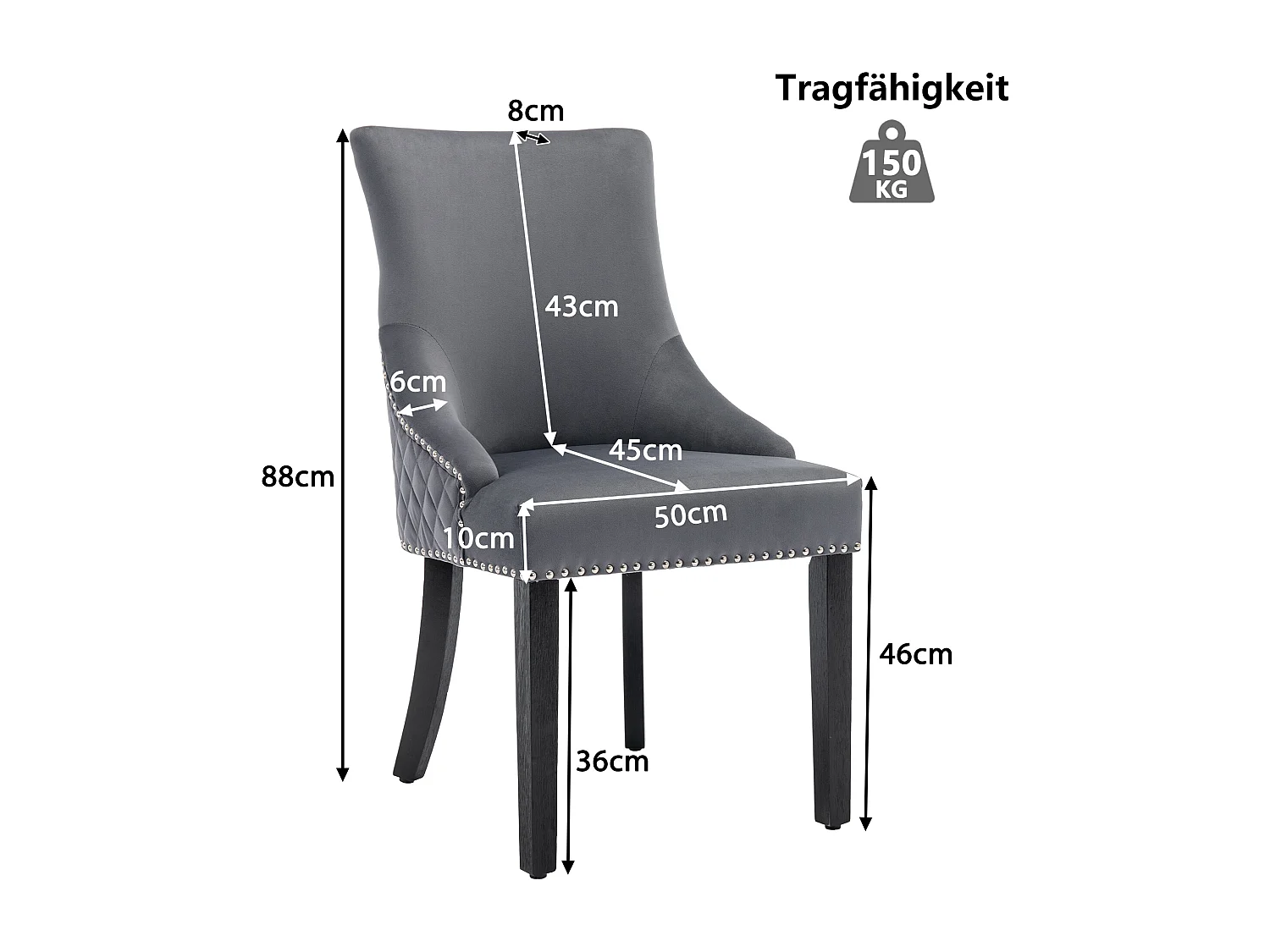 Set van 2 Eetkamerstoelen - Fluweel - Massief walnoot poten - Rugleuning met ruitpatroon - Grijs