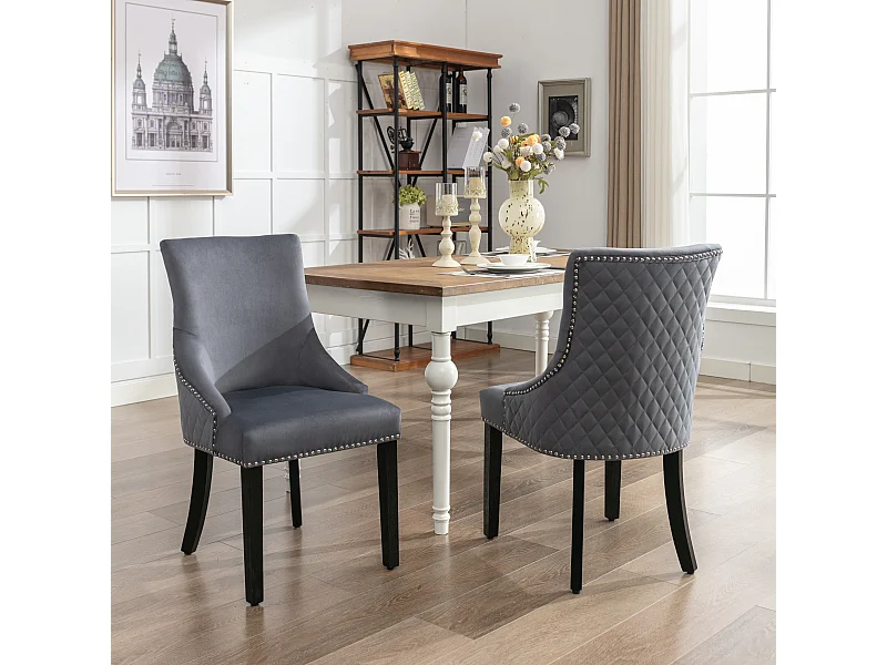 Set van 2 Eetkamerstoelen - Fluweel - Massief walnoot poten - Rugleuning met ruitpatroon - Grijs