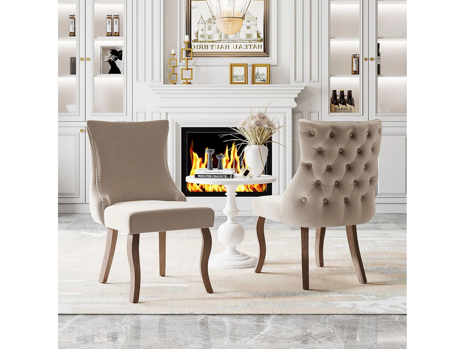 Set di 2 sedie per sala da pranzo - Velluto e legno massiccio - Schienale alto con motivo a rombi - Beige