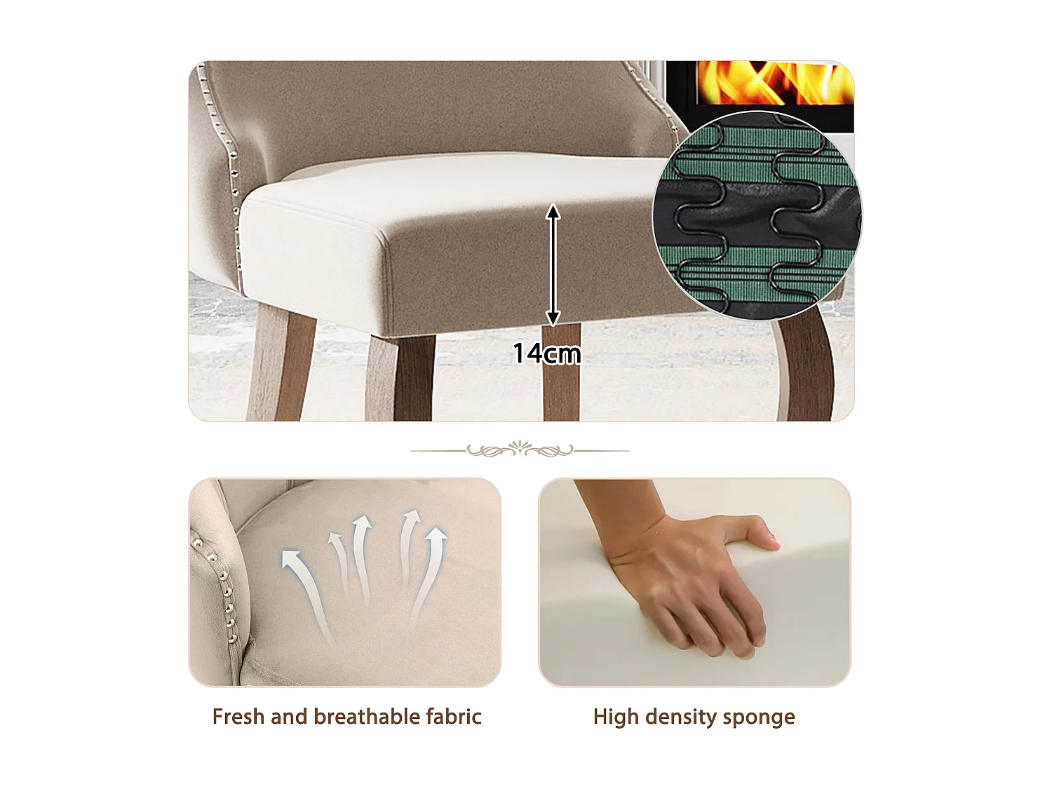 Set di 2 sedie per sala da pranzo - Velluto e legno massiccio - Schienale alto con motivo a rombi - Beige