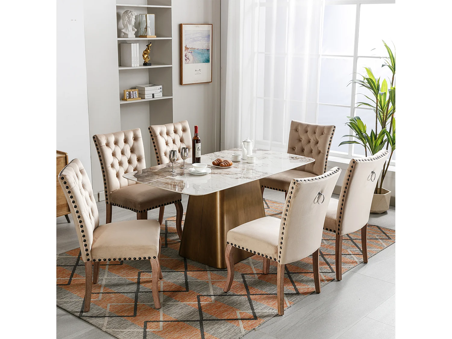 Set aus 6 mit Samt gepolsterten Esszimmerstühlen – Beine aus massivem Walnussholz – Knopfverzierung – Beige