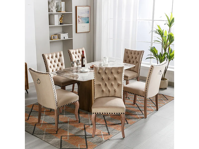 Lot de 6 Chaises de salle à manger rembourré en velours - Pièds en nois massif - Décoration de boutons - Beige